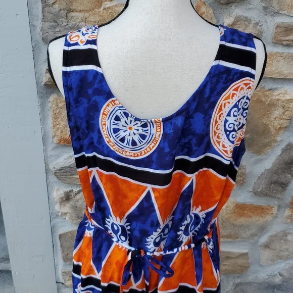 VINTAGE CARIBBEAN GIRL USA DRESS L ORANGE BLUE SUNDRESS LONG BEACH - Picture 7 of 9
